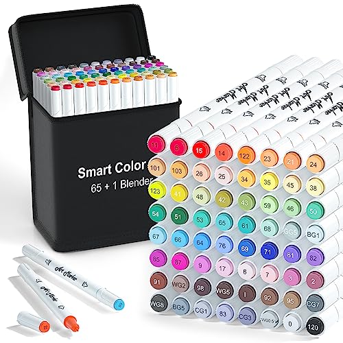 ChicRosa Art Markers, 65 Coloring Markers and 1 Blender, 66 Pack Alcohol Based Dual Tip Permanent Markers Highlighters with Case, Excellent for Adults Kids Coloring Marking Drawing Sketching (Black)