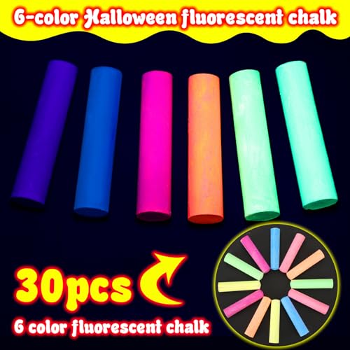 Feifeiya 30 Pcs Glow in the Dark Chalk Under Blacklight, 6 Neon Colors Washable Dustless UV Sidewalk Chalk for Black Light Party Playground Chalkboard Birthday Gift and Outdoor Drawing (Cylindrical) - style: Cylindrical