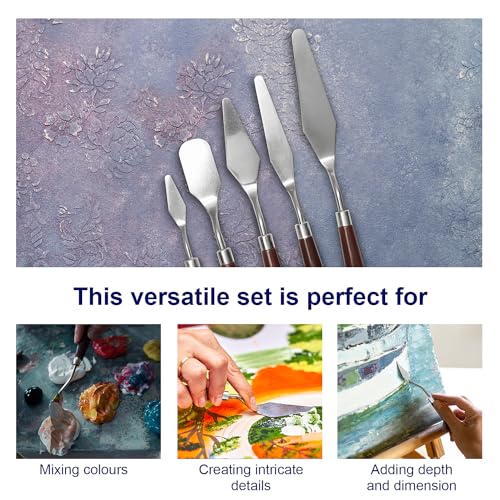 Bluebird Stainless Steel Signature Palette Knife Set of 5, Color Mixing Set for Oil, Canvas, Acrylic Painting & Modelling Paste