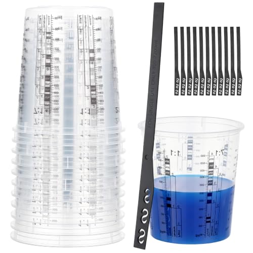 Gartful 12 Pack 19oz Clear Plastic Measuring Cups with 12 Stir Sticks, Disposable Graduated Mixing Cups with ml Scale & 3-Column Paint/Hardener/Thinner Mixing Ratios (1:1-7:1) for Epoxy Resin, Paint - size: 19oz / 570ml - 12 Set
