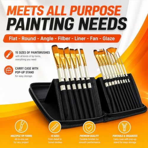DUGATO Paint Brush Set 15 pc with Pop-Up Case, Palette Knife & Sponges | Short Handle Brushes for Oil, Acrylic, Gouache, Watercolor, Model & Craft, Includes Mixing Knife & Sponge - color: Premium Bristle - 15pcs