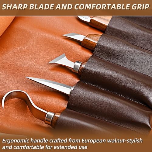 IMYMEE Deluxe Wood Carving Kit - 21Pcs Wood Carving Tools with Leather Storage Bag,Wood Carving Tools Set with 8Pcs Whittling Knives, 8Pcs Detail Carving Knives,Wood Whittling Kit for Beginners - color: Brown