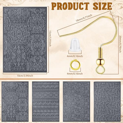 4Pcs Polymer Clay Texture Sheets with 100Earring Hooks,100Open Jump Rings,100Silicone Earring Backs Clay Texture Mat Floral Boho Clay Texture Stamps Tools for Earrings Jewelry Making DIY Crafts