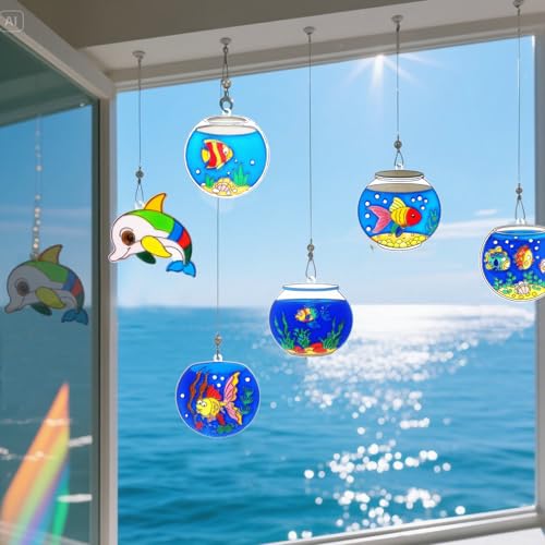 Ayhuhra 30 Sets Fishbowl Suncatcher Craft Kits Make Your Own Sea Animal Fish Tank Scene DIY Window Paint Art Sun Catcher Kit for Home Party Activities Art Project - style: Fishbowl