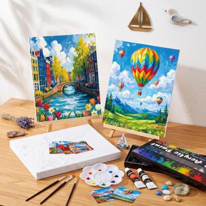 Cholemy 36 Pcs Paint and Sip Kit for Adults 8''x10'' Pre Drawn Canvas for Painting DIY Afro Acrylic Painting Kit Wood Easel Brushes Date Night Bulk for Summer 4th of July Party Gift(Natural Scenery) - style: Natural Scenery