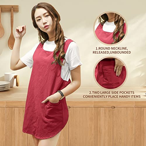 Shortened Design Apron, Japanese Style Soft Cotton Linen Apron with Two Side Pockets, X Cross Halter Aprons, Kitchen Cooking Clothes Gi/ft for Women DIY Project, Crafting, Cooking, Baking(Wine Red) - color: Red, style: 1# Style-rounded Edge