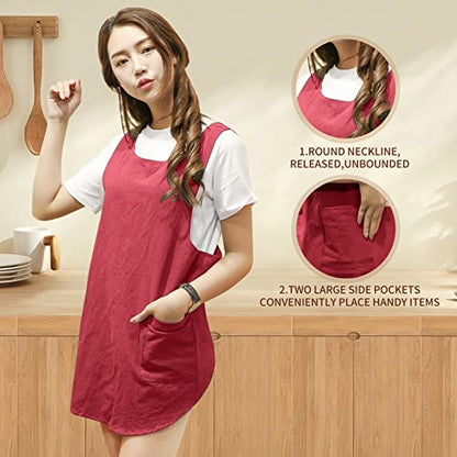 Shortened Design Apron, Japanese Style Soft Cotton Linen Apron with Two Side Pockets, X Cross Halter Aprons, Kitchen Cooking Clothes Gi/ft for Women DIY Project, Crafting, Cooking, Baking(Wine Red) - color: Red, style: 1# Style-rounded Edge