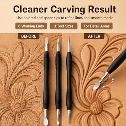 QWORK Leathercraft Modeling Tools Set, 3Pcs Leather Carving Modeling Tools (S/M/L) with Red PVC Pouch, Leather Stamping and Figure Carving Kit