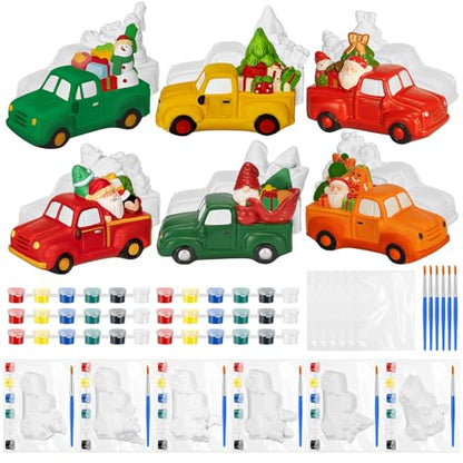 JellyArch 6 Set Christmas DIY Painting Kit Ceramic 3D Ceramic Truck to Paint Your Own Truck with Snowman Reindeer Claus Statues Unpainted Plaster Craft with Brush Paint Bag for Adult - style: Christmas