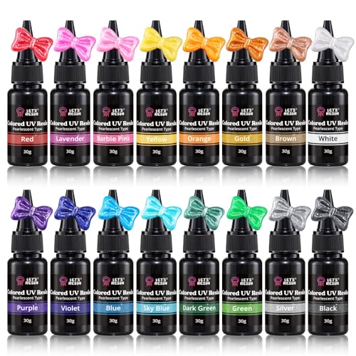 LET'S RESIN Pearlescent UV Resin, Upgraded 16 Colors Colored UV Resin, Vibrant UV Résin Starter Kit for Jewelry Making, Keychains, Nail Art, Low Odor & Few Bubbles for Casting, Decor(30g Each)