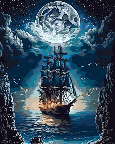 YPF Paint by Numbers for Adults Landscape Paint by Number on Canvas, DIY Steamship Moon Acrylic Oil Painting Kits with Brushes for Home Wall Decor (16x20 inch) - color: Steamship