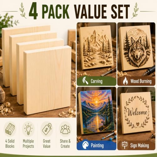 Unfinished Wood Blocks for Crafting, 4 Pack 6 x 6 x 1 Inch Solid Pine Wood Carving Blocks for DIY Carving, Whittling, Painting, Engraving, Art Classes and Photo Display - size: 6x6x1 Inch
