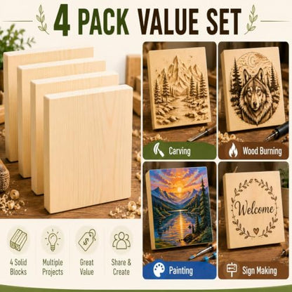 Unfinished Wood Blocks for Crafting, 4 Pack 6 x 6 x 1 Inch Solid Pine Wood Carving Blocks for DIY Carving, Whittling, Painting, Engraving, Art Classes and Photo Display - size: 6x6x1 Inch