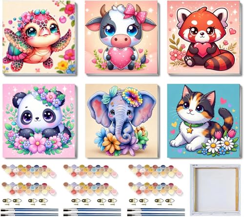 SYDYLH 6 Pack Framed Paint by Numbers Kit for Kids & Adults Beginners, Easy Animal Paint by Numbers Kits with Canvas Paints Brushes, Acrylic Oil Painting Arts and Crafts for Wall Decor 8 x 8 Inch - color: Animal Paint By Numbers with Framed 6-pack, size:
