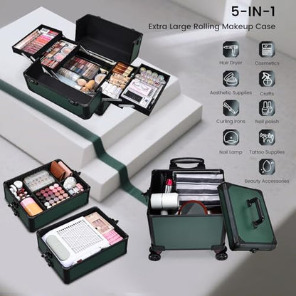 Rolling Makeup Case Makeup Train Case with Lid 5 in 1 Cosmetology Case on Wheels Cosmetic Trolley Organizer Large Makeup Organizers Case Profesional Cosmetic Case for Salon Barber Nail, Dark Green - color: Dark Green