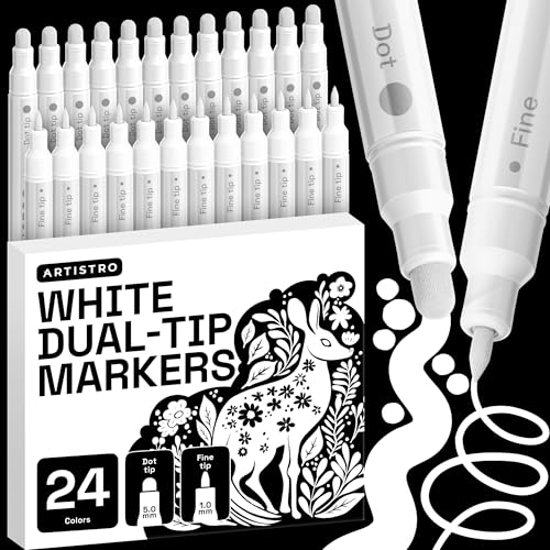 ARTISTRO 24 White Dual-Tip Acrylic Paint Markers – Paint Pens Set with Dot & Fine Tips for Fabric, Rock, Glass, Wood, Coloring Books – Arts & Crafts Gift – Classroom Must Haves & School Supplies - style: White