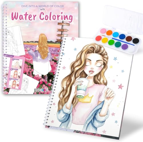 Water Coloring Book for Beginners Painting Kits for Kids Ages 5 and Up, Watercolor Paint Book with 12 Paint Palettes, 1 Brush, and Guides, Fashion Painting for Girls with 15 Pre-Drawn Models