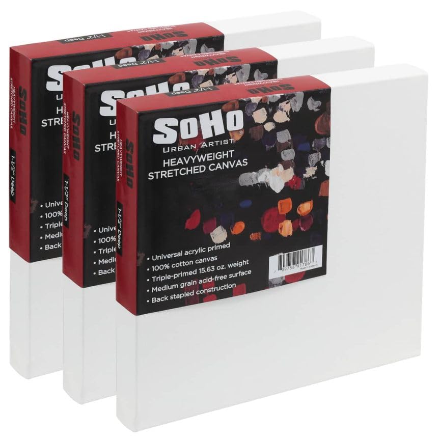 SoHo Urban Artist, 8x8 Heavyweight Stretched Cotton Canvas for Painting - 1.5" Deep- 3 Pack, Triple Primed, 100% Cotton Canvas, Archival, Universal Primed for Oil, Acrylic, Alkyd, Mixed Media - size: 8"x8"