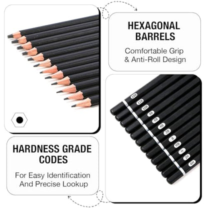 SAYEEC Professional Drawing Sketching Pencil Set, 12 Pieces Graphite Pencils (14B-4H), Art Sketch Pencils with Metal Case Artist Pencil for Drawing Art, Sketching, Shading, Adults Beginners (Black)