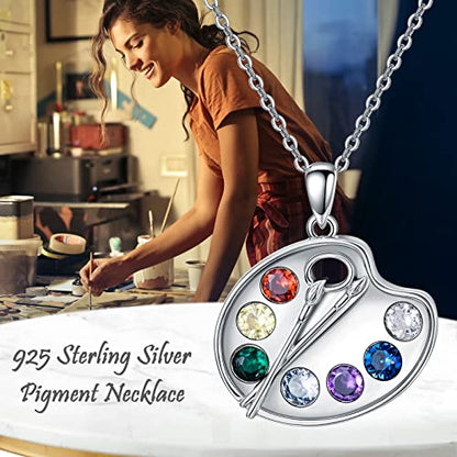 Artist Paint Palette and Brush Necklace - 925 Sterling Silver Pigment Pendant, Colorful Painters Charm, Future Artist Jewelry Gifts for Women - style: Palette Necklace-silver