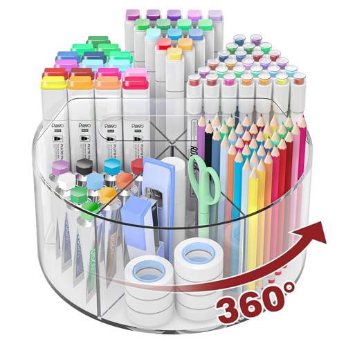 Absonic 250pcs Acrylic Pencil Holder Marker Organizer, 360-Degree Rotating Pen Holder, Crayon Organizers for Kids Pencil Organizer Caddy Art Supply Lazy Susan Organizer for Desk Home School Office - color: Clear - Large - Single - With Handle