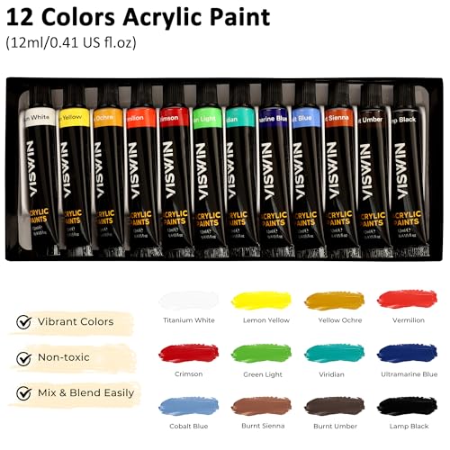 VISWIN 51 Pcs Acrylic Paint Set with Tabletop Easel, Painting Kit with 12 Acrylic Paints, Canvases, Brushes, Palette, Paper Pad, Art Supplies, Ideal Gift for Adults, Kids, Artists, Students - size: 50 Pcs