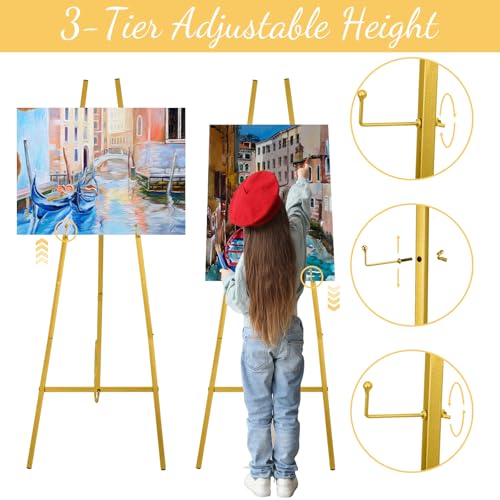 CroBlissful Gold 50" Easel Stand for Wedding Sign Adjustable 3Tier Height Display Easel with Chain Heavy Duty Floor Tripod for Welcome Wedding Sign Painting Canvas Baby Shower Party Poster (Metal) - color: Gold
