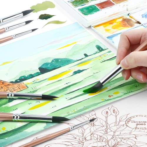 Transon 8pcs Round Watercolor Paint Brush Set Goat Hair for Watercolors,Acrylics,Inks,Gouache,Oil and Tempera - color: Champagne