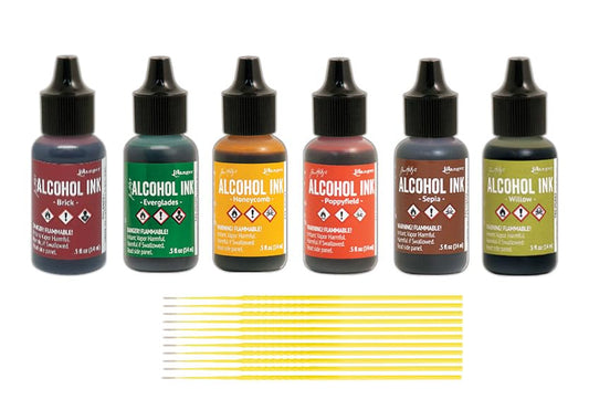 Ranger Tim Holtz Alcohol Inks Bundles - 6 Bottles of Tim Holtz Alcohol Inks with Trebbies Fine Detail Sticks (Shades of Fall) - color: Shades of Fall