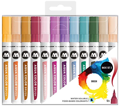 Molotow Aqua Colour Brush (Brush Pen Marker Basic Set 2, Brush Tip for Watercolour and Hand Lettering) 12 Pieces Assorted - style: Case Basic Set 2