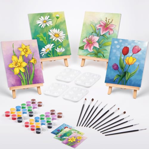 4 Pack Sip and Paint Kit, Pre Drawn Canvas for Painting for Adults Pre Printed Canvas to Paint Party Supplies Girls Night Games Date Night Art Set Flower Theme 12x16 in - size: 12x16, style: style 9