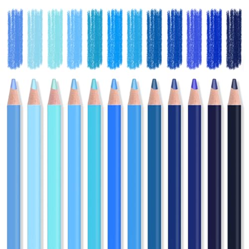 Mifuner 12Pcs Blue Colored Pencils Set, Oil Based Drawing Pencils, Pre-sharpened Wooden Professional Sketch Pencil Art Supplies for Adults, Coloring Books, No Duplicates - color: 12Pcs Blue Colored