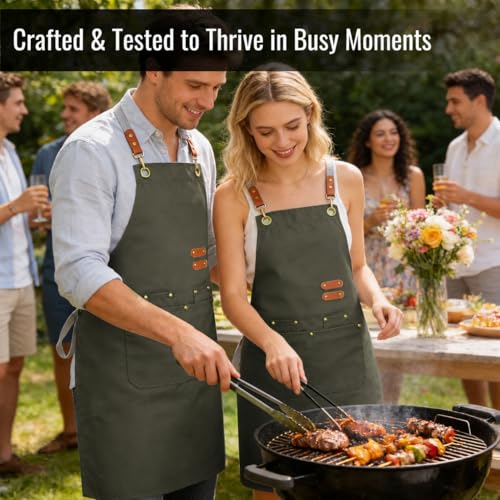 Aoomzoon Durable Kitchen Apron,Multifunctional Chef Aprons for Women & Men with Pockets for Cooking Baking & Daily Use - color: Gray Green