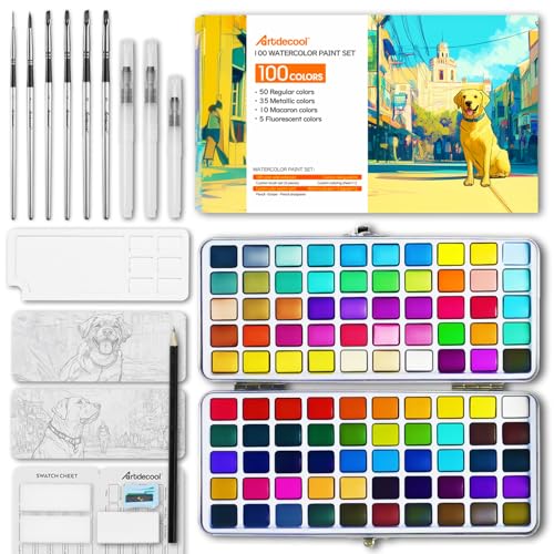 Watercolor Paint Set, 100 Colors, Travel Water Colors kit with 9 Brushes, 3 Swatch Cards, Palette set Including Metallic and Accessories Art Supplies Gifts for Beginners, Artists, Adults and Hobbyists - color: 100 Colors