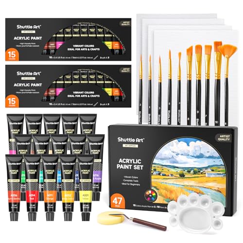 47 Pack Acrylic Paint Set, Shuttle Art 15 Colours (12ml Each, 2Pack) Acrylic Paint with 10 Brushes Painting Canvas Knife Palette Sponge, Complete Gift Set for Kids, Adults Painting Canvas, Ceramic - color: 15 Colors x 2, size: 47 Piece Set