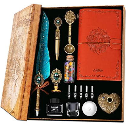 Aifeiter Quill Pen and Ink Set, Feather Calligraphy Set With Wax Seal Stamp, Notebook - Beautiful Gift for Christmas - Green - color: Green