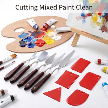 Palette Knife Set, 5pcs Stainless Steel Palette Knives with 6 Plastic Scrapers Small Offset Spatula for Oil, Canvas, Acrylic Painting & Cake Decorating