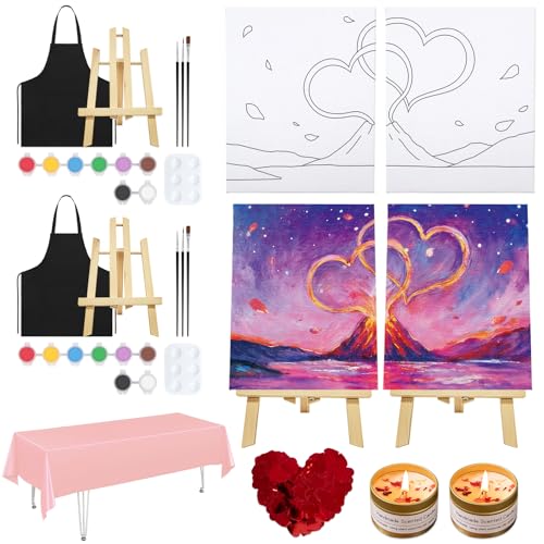 VOCHIC Sip and Paint Kit for Adults Couples Pre Drawn Canvas Painting Kit | 2 Pack Couples Date Night Paint Art Set with Outline Canvas Valentine (Volcano and Heart, 8 x 10 Inches) - style: Volcano and Heart