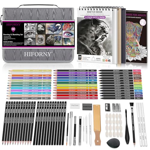 HIFORNY 100 PCS Drawing & Sketching Set, Professional Art Supplies with Graphite,Charcoal, Colored,Watercolor,Metallic Pencils,Blending Tools,Sketchbook and Coloring Book in Zipper Case (Grey) - color: Grey