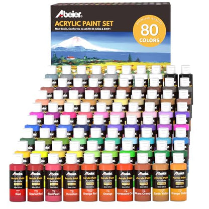 ABEIER Acrylic Paint Set, 80 Colors (2oz/60ml) Artist Quality Paint with 11 Metallic & 4 Fluorescent, Great Coverage Matte Finish Craft Paint for Adults Students on Canvas Wood Rock Ceramic