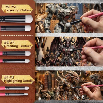 Golden Maple Dry Brush Miniature Painting Drybrush Set - 6PC Professional Modellers Miniature Paint Brushes for Miniatures, Model, Enamel & Fantasy Figurines Painting, Red - color: Red