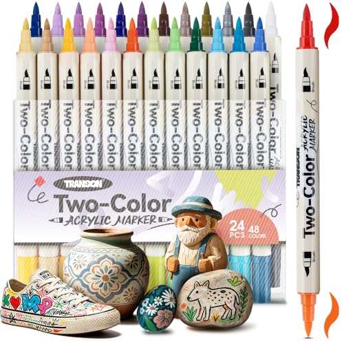 TRANSON 48 Colors Acrylic Paint Marker Set, 24 Pieces of Dual-color Acrylic Paint Pens with Brush Tips Versatile for Craft Painting, Drawing, Rock Painting, DIY, Paint on Most Surfaces - color: 24 Pcs 48 Colors