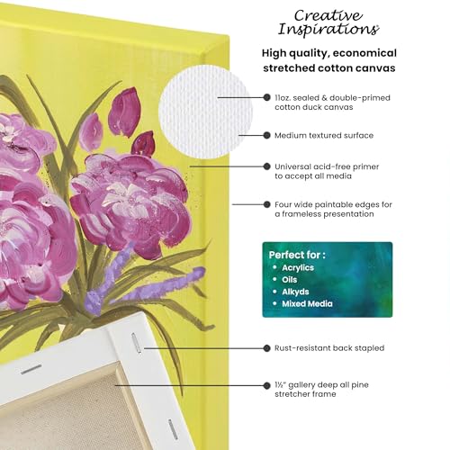 Creative Inspirations Stretched Canvas 4 Pack - 1-1/2" Deep, 9x12", 11oz Sealed & Double-Primed Cotton Canvases, Pine Stretcher Frame, Archival All-Media Primer - Alkyd, Acrylic & Oil Painting - size: 9x12"