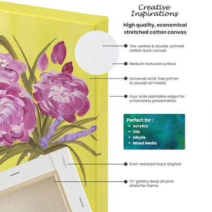 Creative Inspirations Stretched Canvas 4 Pack - 1-1/2" Deep, 16x16", 11oz Sealed & Double-Primed Cotton Canvases, Pine Stretcher Frame, Archival All-Media Primer - Alkyd, Acrylic & Oil Painting - size: 16x16"