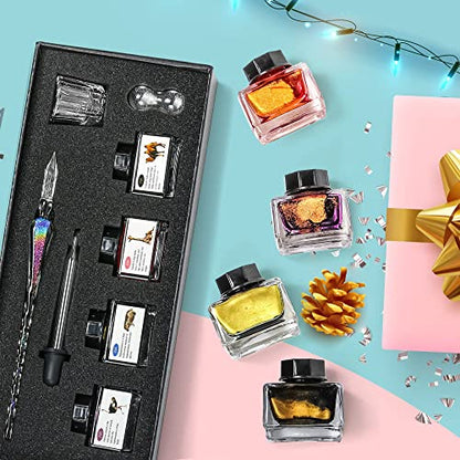 ESSSHOP Handmade Glass Dip Pen and Ink Set - 15ml Color Inks Pen Holder Cleaning Cup Ink Drip Tool Crystal Signature Dipped Pen Kit for Art Writing Calligraphy Christmas Day Gifts