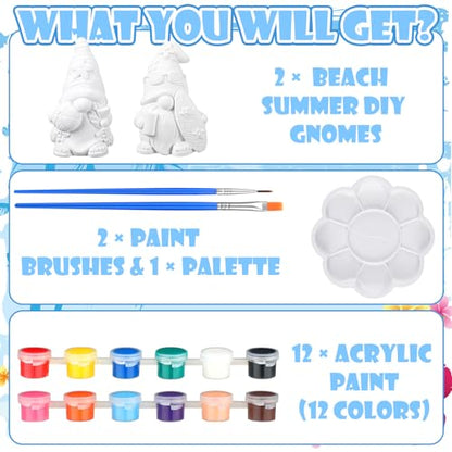Poen 2 Pack Beach Summer Ready to Paint Your Own Gnome Statues, 4 Inches Mini Blank Ceramics to Paint Unpainted Gnome Figurines Crafts DIY for Farmhouse Gift Decor (Beach Style) - style: Beach Style
