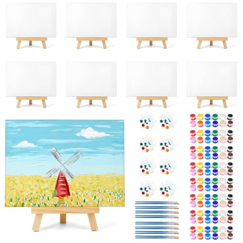 8 Pack 8x10in Canvas Painting Kit, Canvases Board & Easel & Acrylic Paint Set for Adults, Drawing Boards with Palette & Brushes for Party