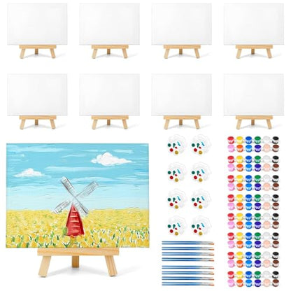 8 Pack 8x10in Canvas Painting Kit, Canvases Board & Easel & Acrylic Paint Set for Adults, Drawing Boards with Palette & Brushes for Party