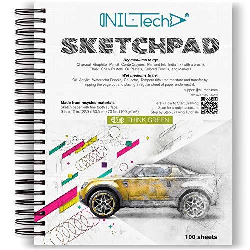 100 Sheets Premium Sketch Book - 9x12 Inches (68 lb/100 GSM) Sketch Pad with Spiral Bound for Colored Pencils, Gel Pens, Mechanical Pencils, Charcoal, Ballpoint Pens, Fineliner Pens and Pastels - color: Pack of 1, White Paper