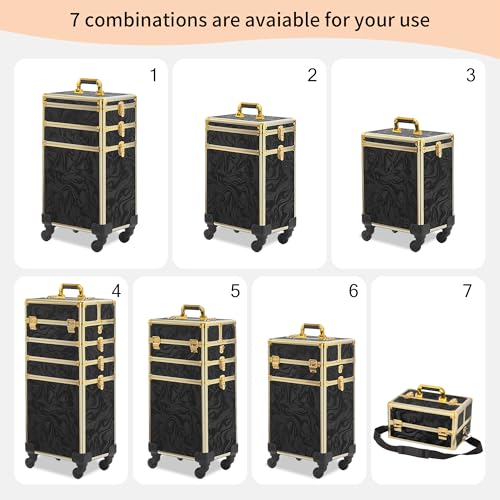 Somduy Rolling Makeup Case, Makeup Train Case with Lid, 5 in 1 Cosmetology Case on Wheels, Christmas Gift, Large Makeup Organizers, Profesional Cosmetic Case for Salon Barber, Pattern Black Gold - color: Black Gold